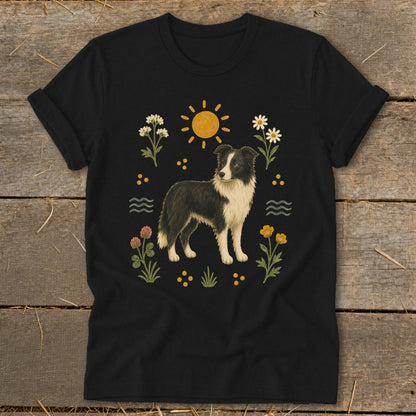 Black t-shirt with illustration of a Border Collie surrounded by sun, flowers, and water.