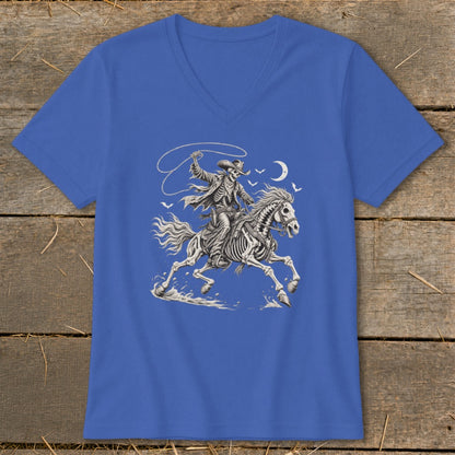 Skeleton cowboy on horseback with lasso, moon, and birds, on blue t-shirt.
