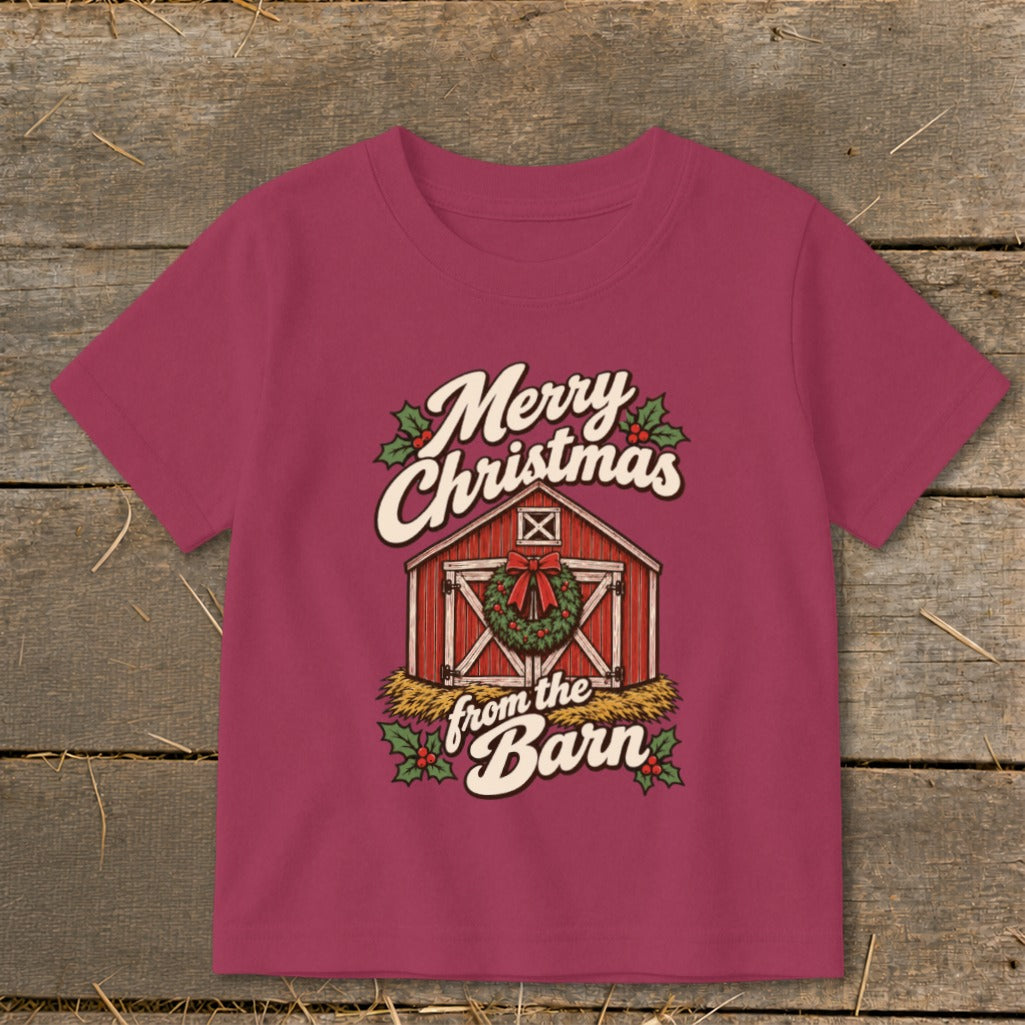 Maroon t-shirt with "Merry Christmas from the Barn" text and barn graphic.