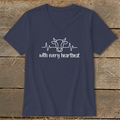 Navy v-neck t-shirt with a white line drawing of a cow's head within a heartbeat EKG line and text below.