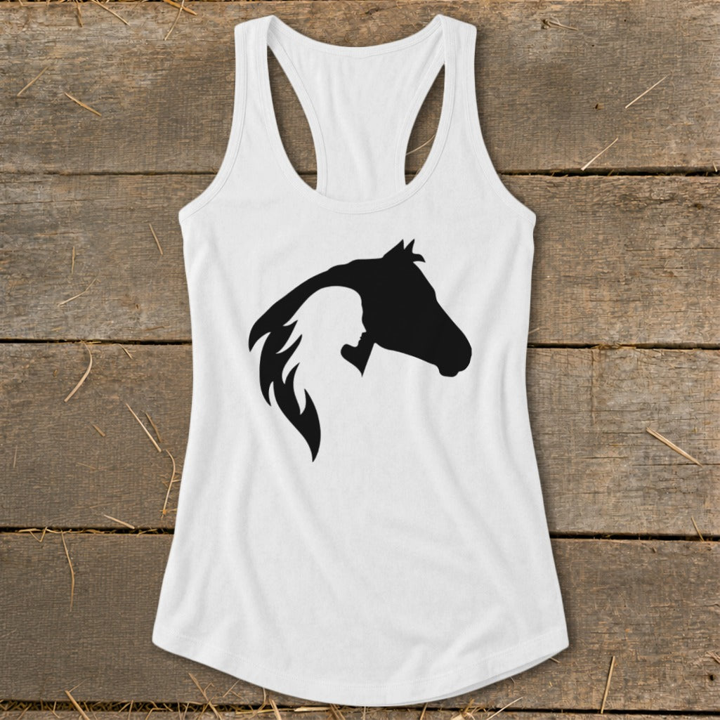 White tank top with black silhouette of a horse and a person.