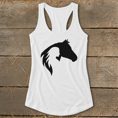 White tank top with black silhouette of a horse and a person.