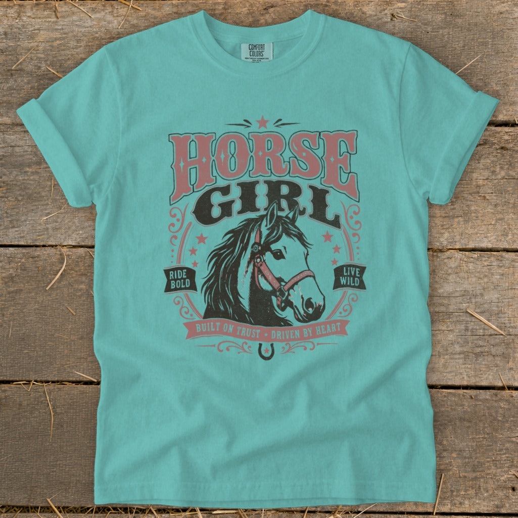 Teal t-shirt with "Horse Girl" text and a horse graphic.