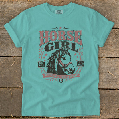 Teal t-shirt with "Horse Girl" text and a horse graphic.