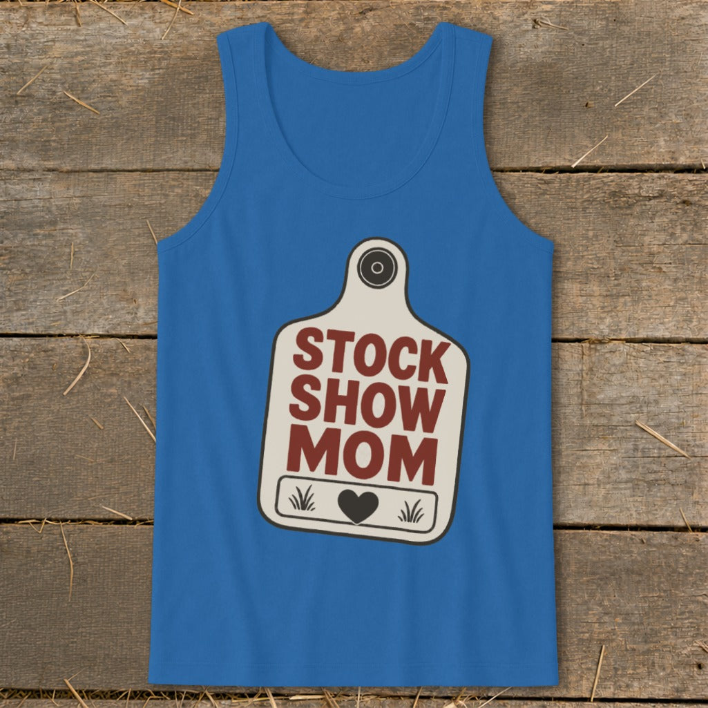 Blue tank top with a graphic of a tag that reads "STOCK SHOW MOM" and a heart.