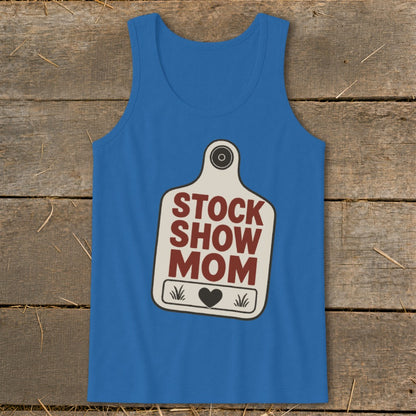 Blue tank top with a graphic of a tag that reads "STOCK SHOW MOM" and a heart.