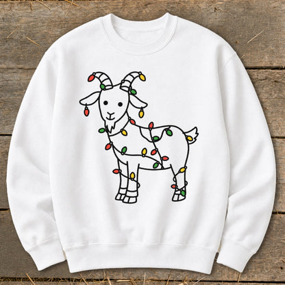 White crewneck sweatshirt with a black outline drawing of a goat covered in colorful Christmas lights.