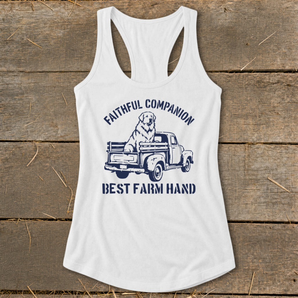 White tank top with navy graphic of dog in truck, text reads "Faithful Companion Best Farm Hand".