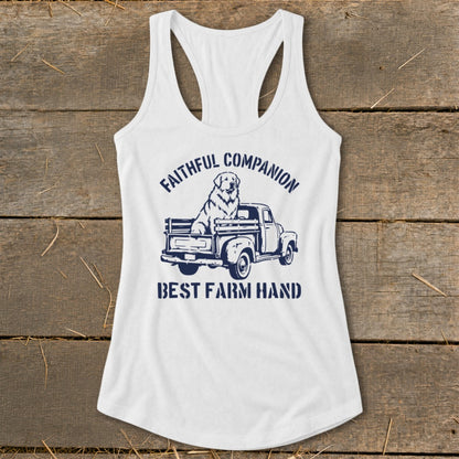 White tank top with navy graphic of dog in truck, text reads "Faithful Companion Best Farm Hand".
