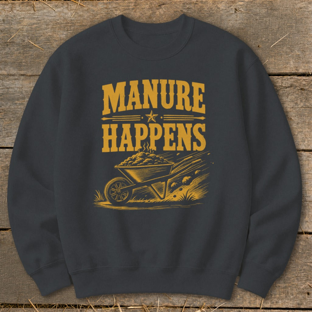 Dark gray sweatshirt with yellow text and graphic of a wheelbarrow filled with manure.