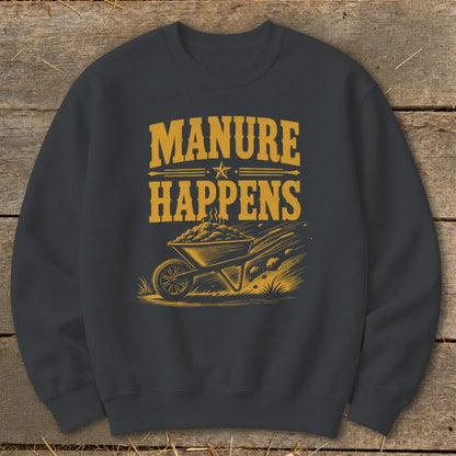 Dark gray sweatshirt with yellow text and graphic of a wheelbarrow filled with manure.