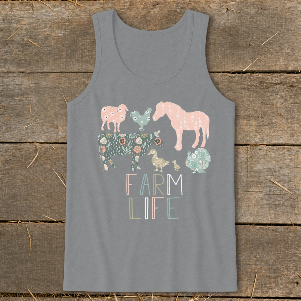 Grey tank top with a floral farm animal graphic and the words "FARM LIFE".