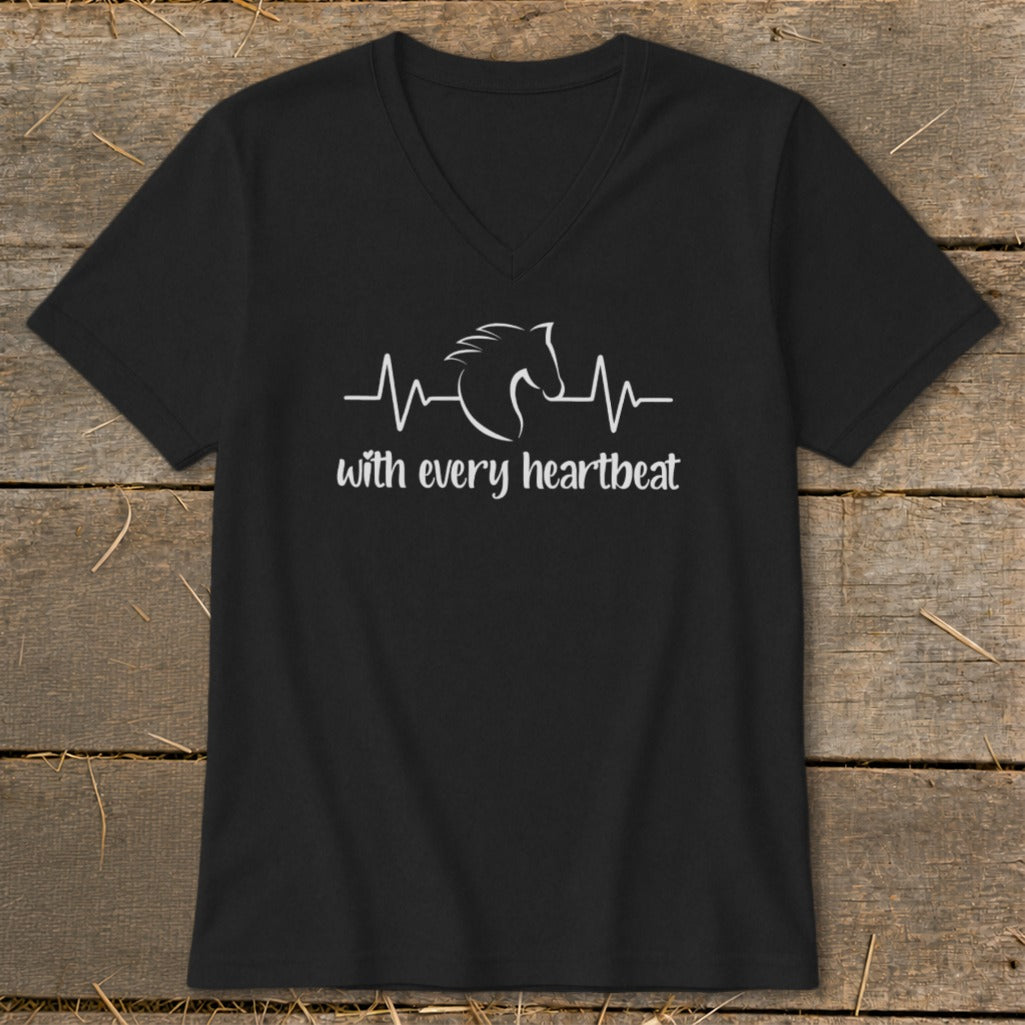 Black t-shirt with white horse head outline integrated into a heartbeat line, with text below.