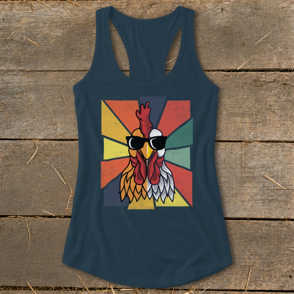 Dark blue tank top with a vintage-style rooster wearing sunglasses graphic.