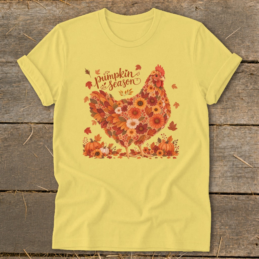 Yellow t-shirt with a floral chicken design and "Pumpkin Season" text.