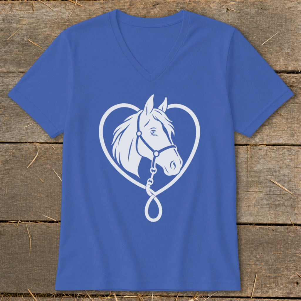 Blue V-neck t-shirt featuring a white graphic of a horse head inside a heart shape.