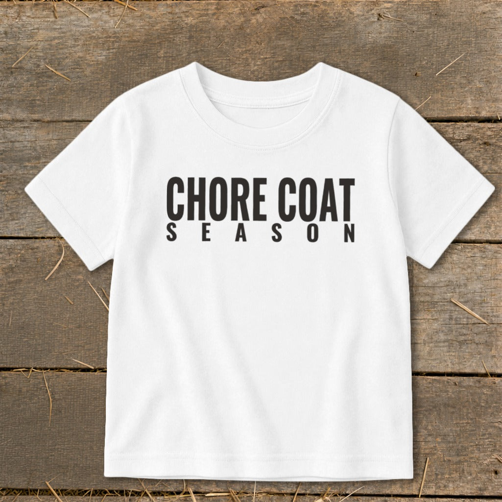 White t-shirt with "CHORE COAT SEASON" printed in black text.
