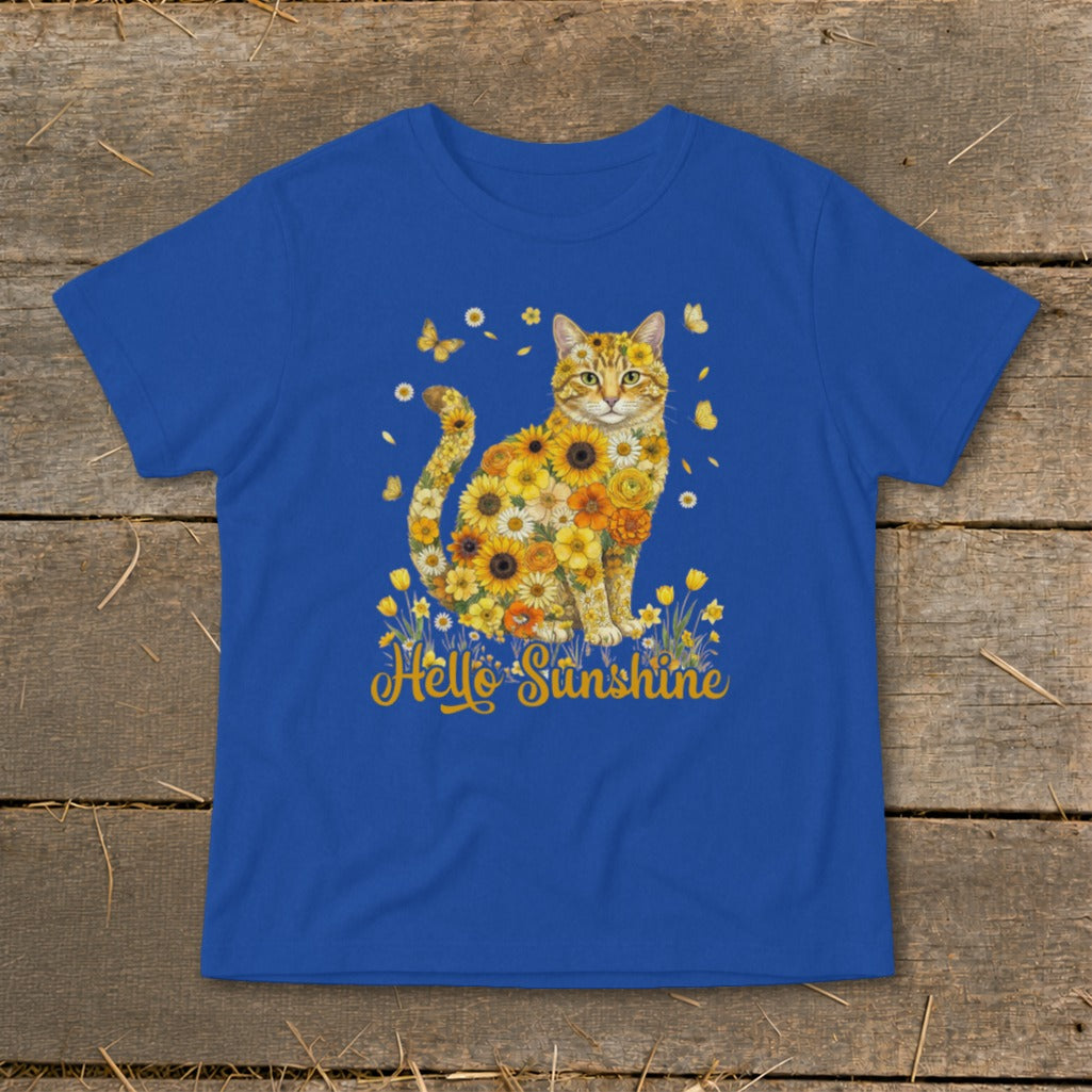 Blue t-shirt with a cat made of sunflowers and butterflies, text "Hello Sunshine".