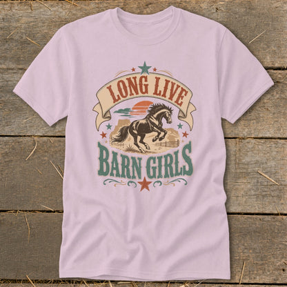 Light pink t-shirt with "Long Live Barn Girls" text and a running horse graphic.