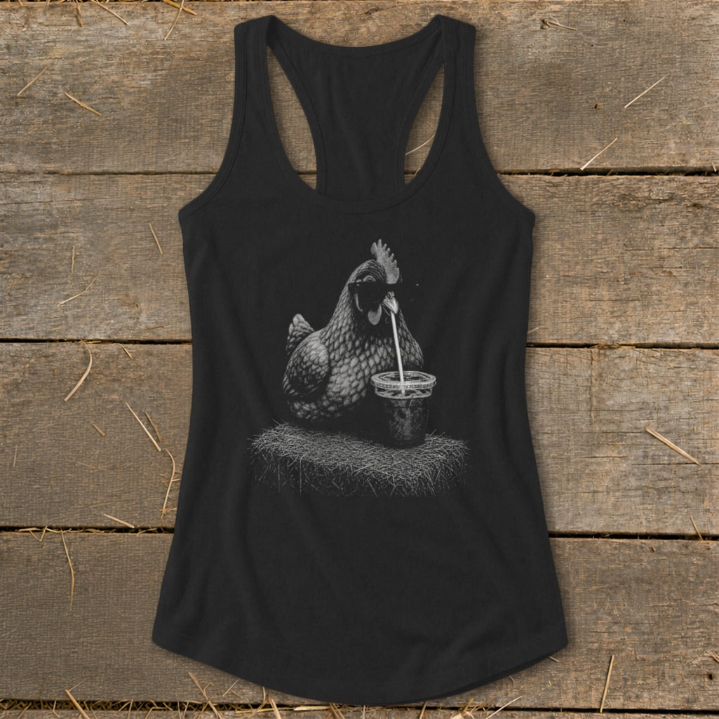 Black tank top with a graphic of a chicken drinking from a cup.