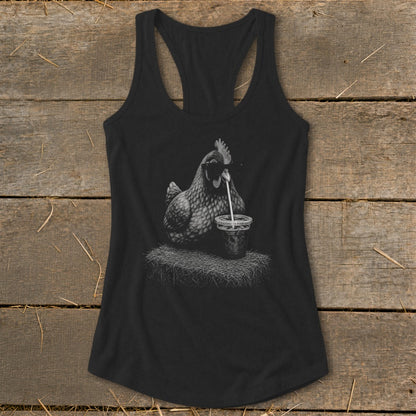 Black tank top with a graphic of a chicken drinking from a cup.