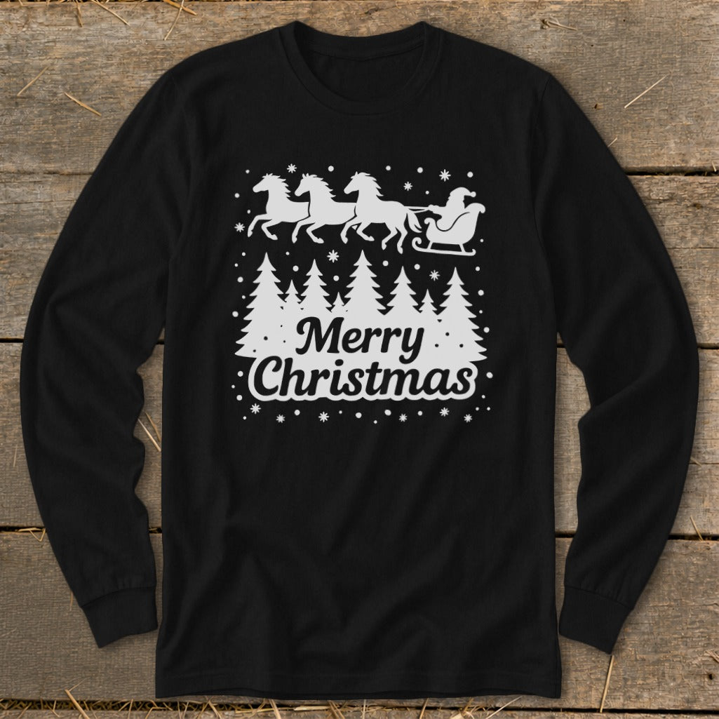 Black long sleeve shirt with white Merry Christmas text and Santa's sleigh with horses.