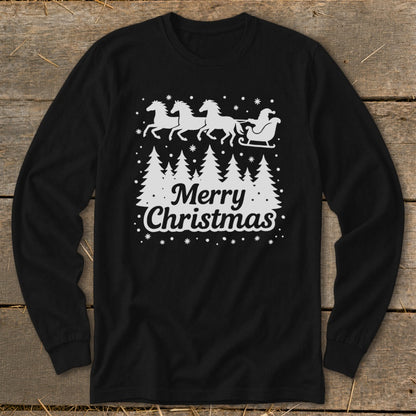 Black long sleeve shirt with white Merry Christmas text and Santa's sleigh with horses.