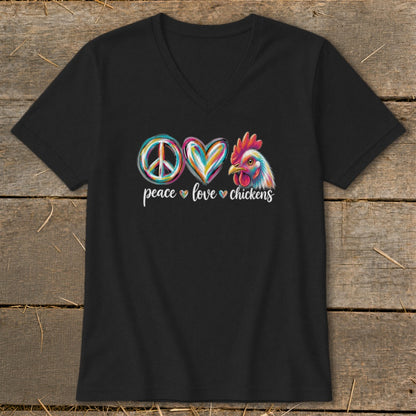 Black v-neck t-shirt with peace, love, chicken graphic and text.