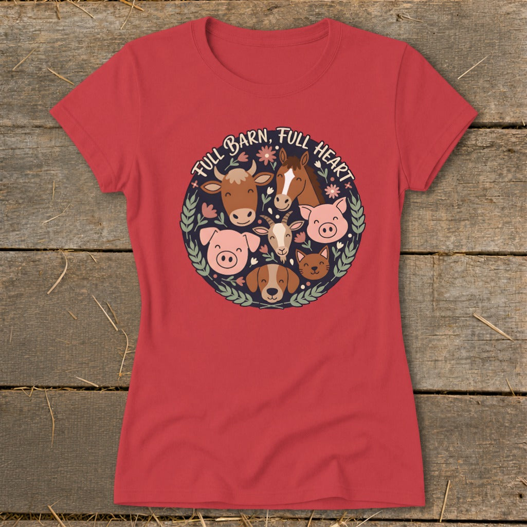 Red t-shirt with a circular farm animal graphic and text "FULL BARN, FULL HEART."