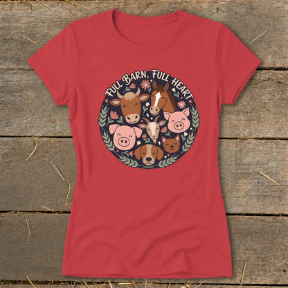 Red t-shirt with a circular farm animal graphic and text "FULL BARN, FULL HEART."