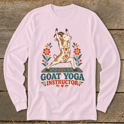 Goat doing yoga pose on mat with text "GOAT YOGA INSTRUCTOR"
