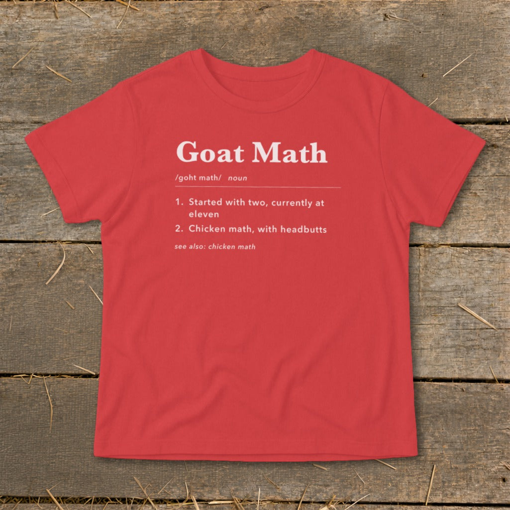 Red t-shirt with "Goat Math" definition: "Started with two, currently at eleven."