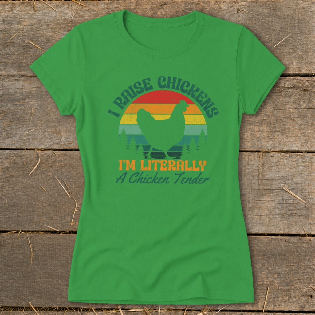 Green t-shirt with "I Raise Chickens" and chicken silhouette design.