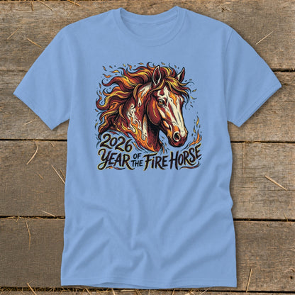 Light blue t-shirt with a fiery horse graphic and "2026 Year of the Fire Horse" text.