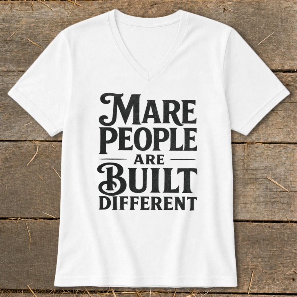 White t-shirt with black text that reads "Mare People Are Built Different".