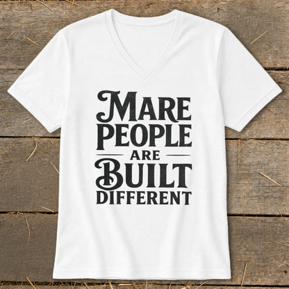White t-shirt with black text that reads "Mare People Are Built Different".