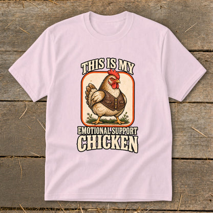 T-shirt with a chicken graphic and text: "This is my emotional support chicken".