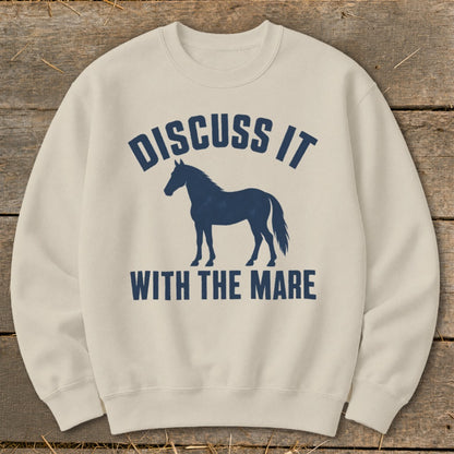 Cream sweatshirt with blue horse graphic and text "Discuss It With The Mare."