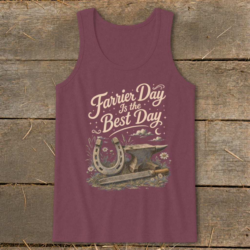 Maroon tank top with "Farrier Day Is the Best Day" text and horseshoe, anvil, and rasp illustration.