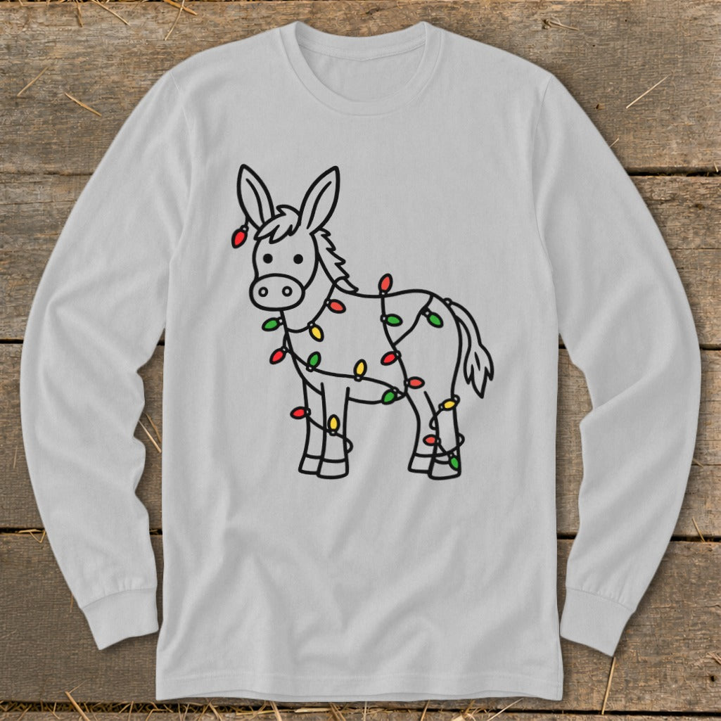 Donkey outline with colorful Christmas lights wrapped around its body.