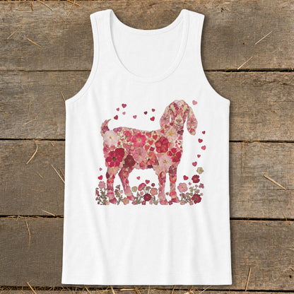 White tank top with a floral goat design and scattered hearts.