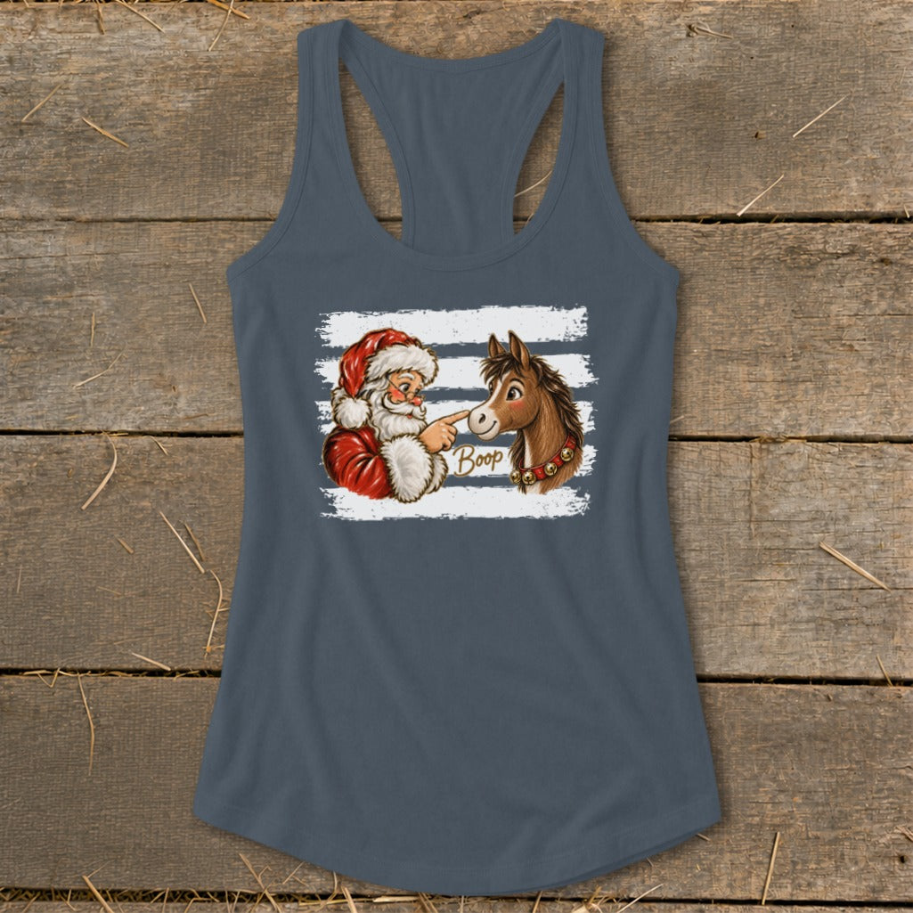 Santa booping a horse's nose with the word "Boop" below.