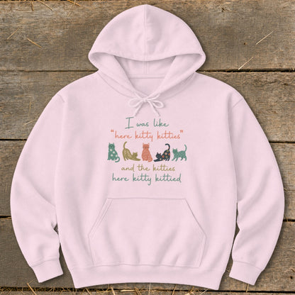 Pink hoodie with text "I was like 'here kitty kitties' and the kitties here kitty kittied" and cat illustrations.