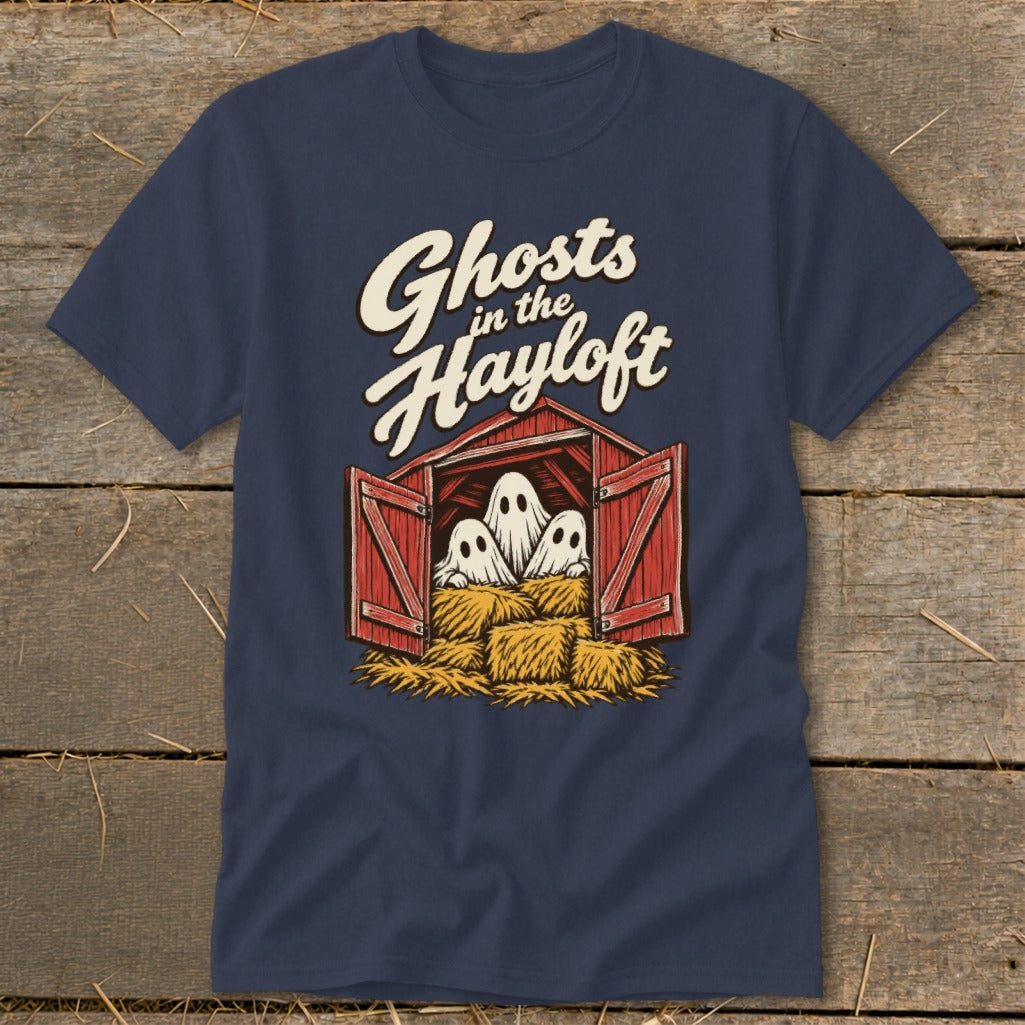 Navy t-shirt with "Ghosts in the Hayloft" text over ghosts in a barn.