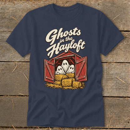 Navy t-shirt with "Ghosts in the Hayloft" text over ghosts in a barn.