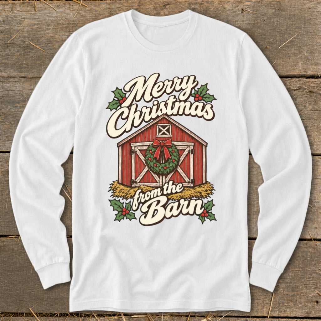 Merry Christmas from the Barn graphic on white long-sleeve shirt.