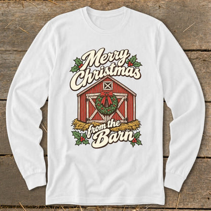 Merry Christmas from the Barn graphic on white long-sleeve shirt.