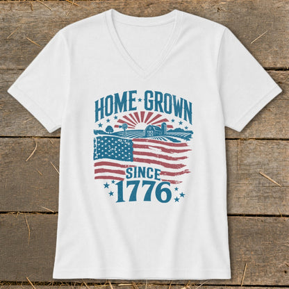 White t-shirt with "HOME GROWN SINCE 1776" and a distressed American flag and farm scene graphic.