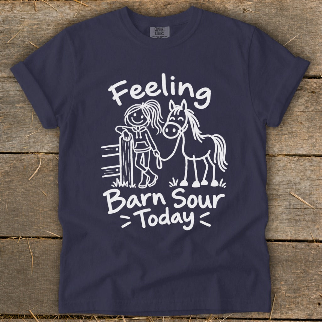 Navy t-shirt with white graphic of a girl and horse, reads "Feeling Barn Sour Today".