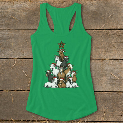 Green tank top featuring a Christmas tree made of goats wearing Santa hats.